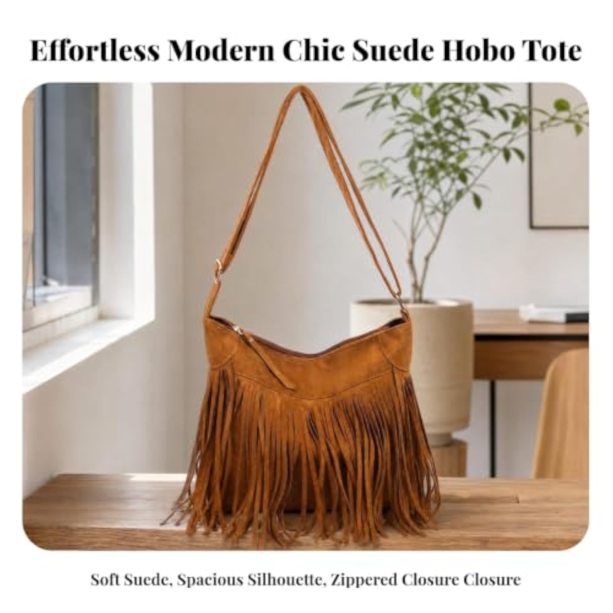 Medium-Sized Fringe Patchwork Shoulder Bag, Suede-Like